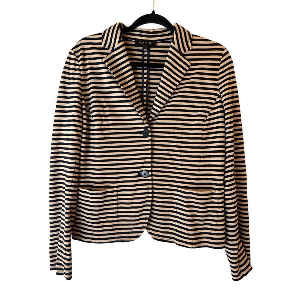 Talbots Navy & Tan stripped blazer as L stretchy preppy Career nautical